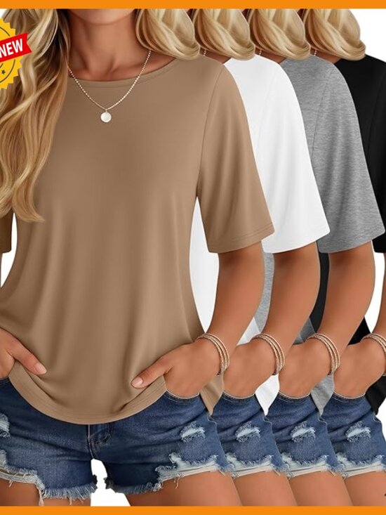 Tops - 4 Pack Half Sleeve Oversized T-Shirts, Lightweight Cotton Blend, Casual Round